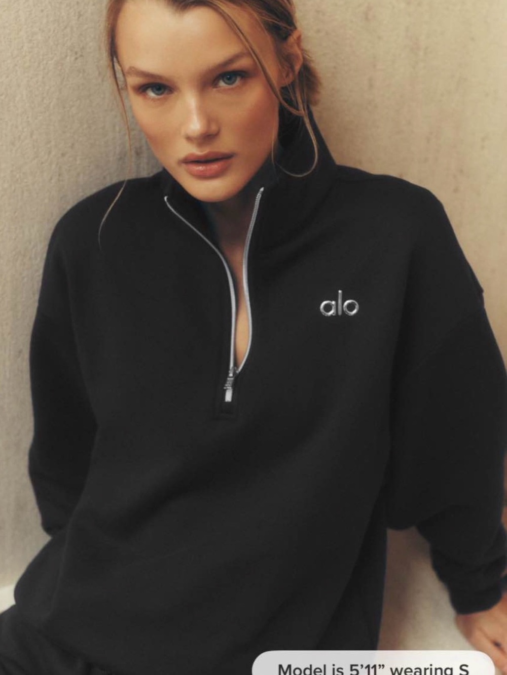 ALO Yoga Black Half-Zip Sweatshirt with White Logo